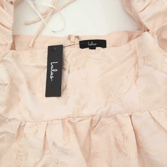 Lulus Pink Floral Jacquard Puff Sleeve Square Neck Tie Back Mini Dress NWT - Picture 3 of 11